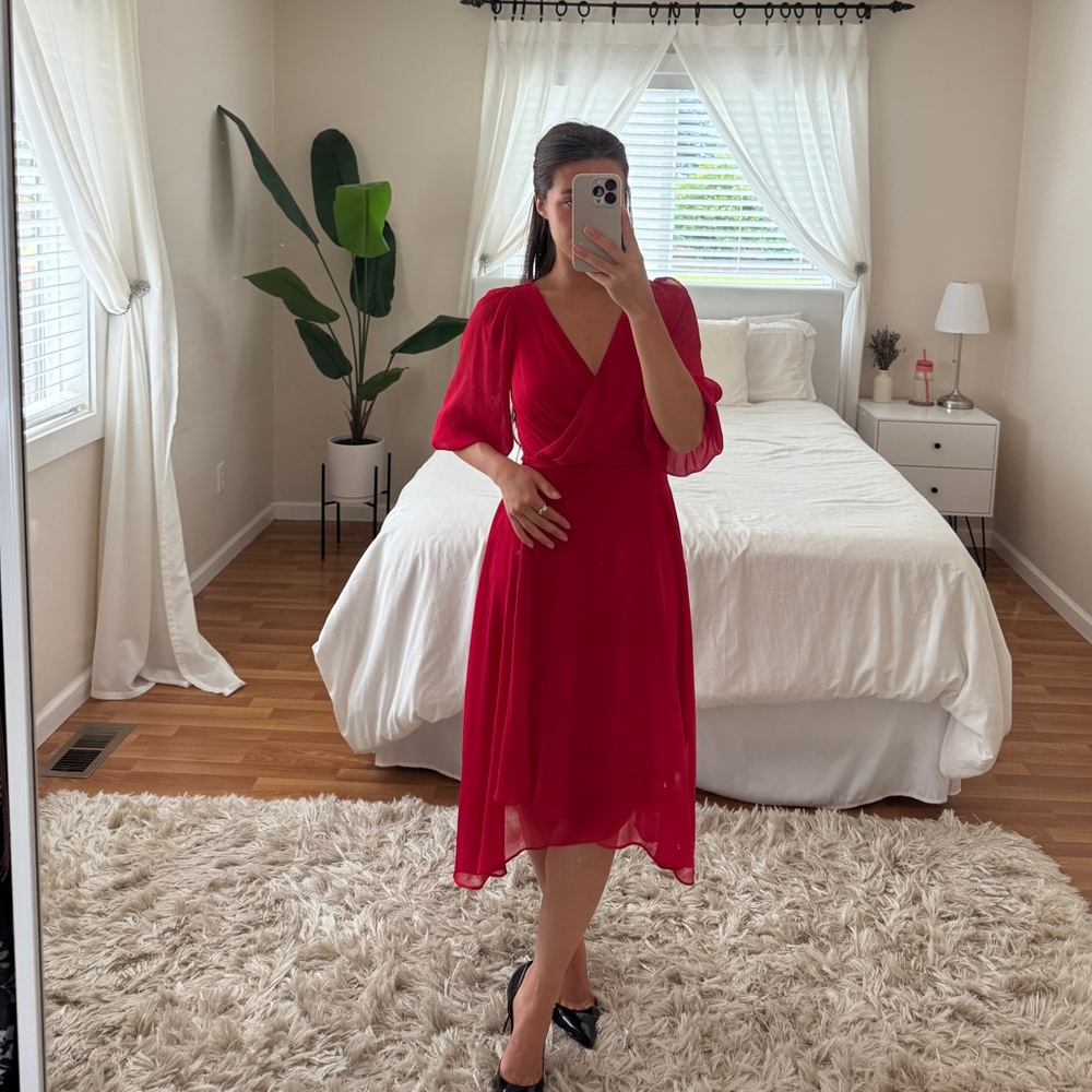 DKNY Red Midi Dress - Women's Elegant V-Neck